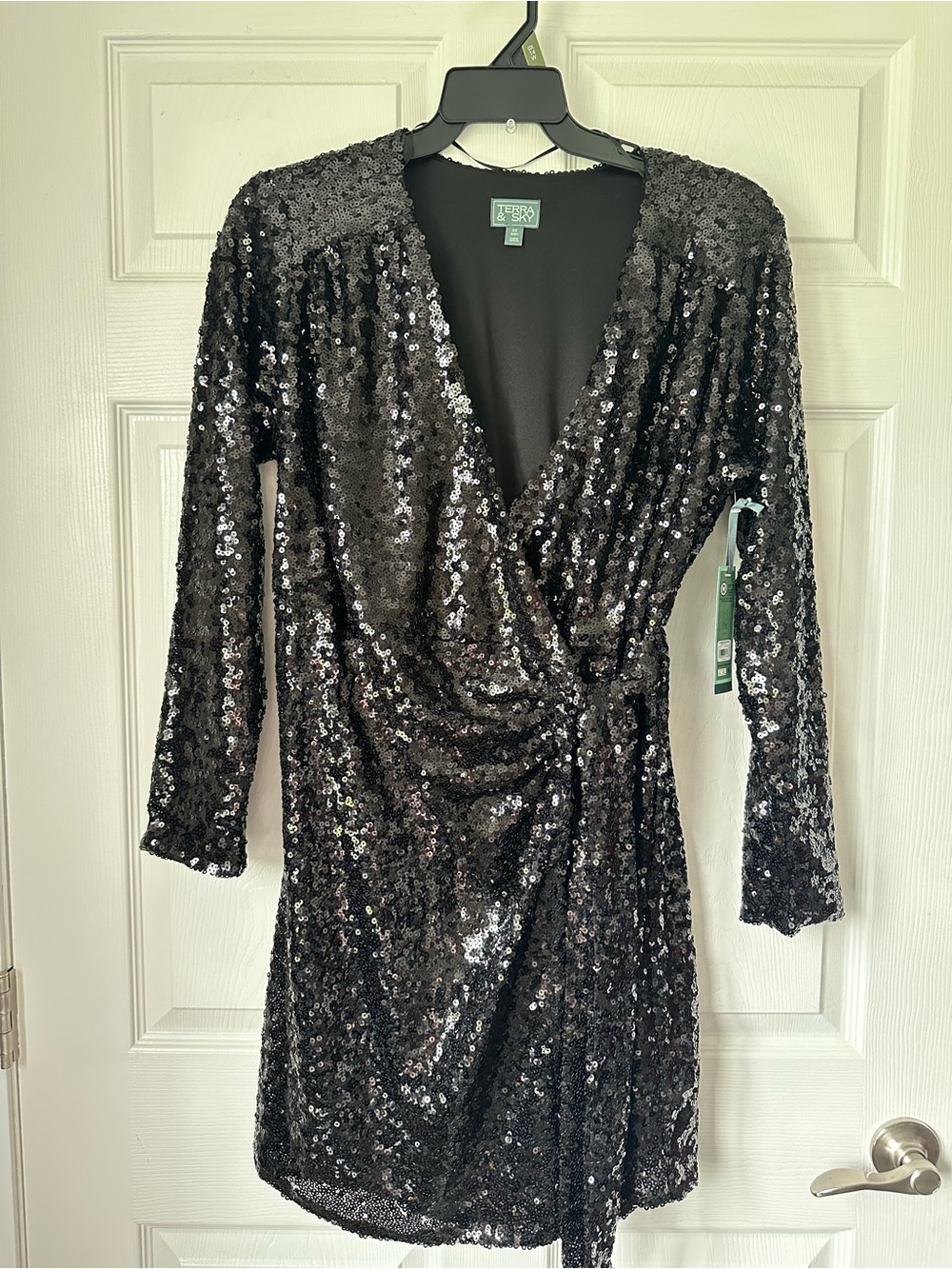Terra & Sky Black Sequin Wrap-Style Long Sleeve Dress